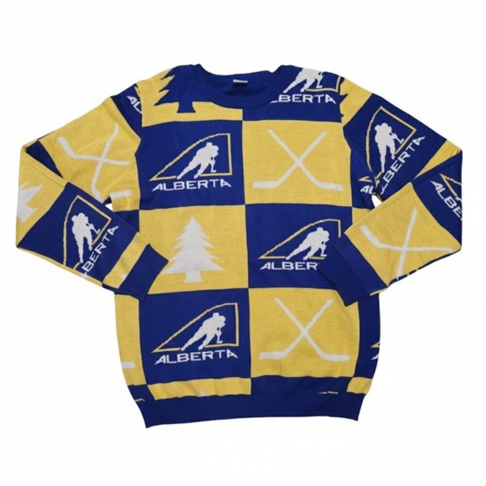 BD Alberta‎ Hockey Christmas Tree Ugly Sweater Mens XL Blue Yellow